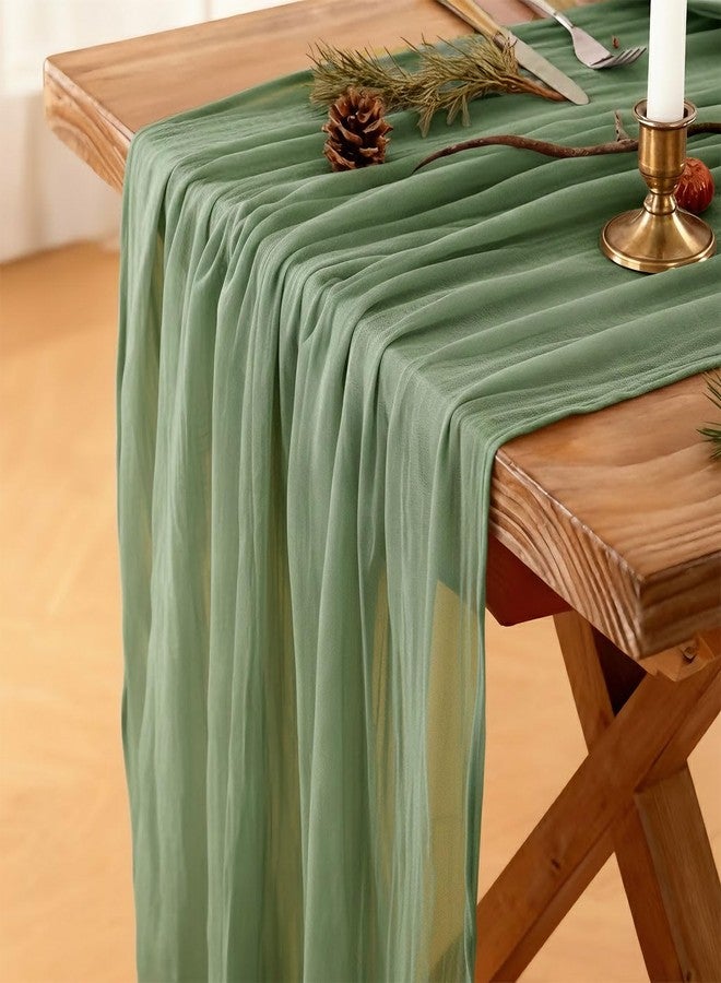 Mkobon Sage Green Table Runner, 120 Inch 10 FT Boho Rustic Cheesecloth Gauze, Farmhouse Centerpieces Decor for Wedding Spring Easter Baby Bridal Shower Party Decoration, 1 Pack - Image 1