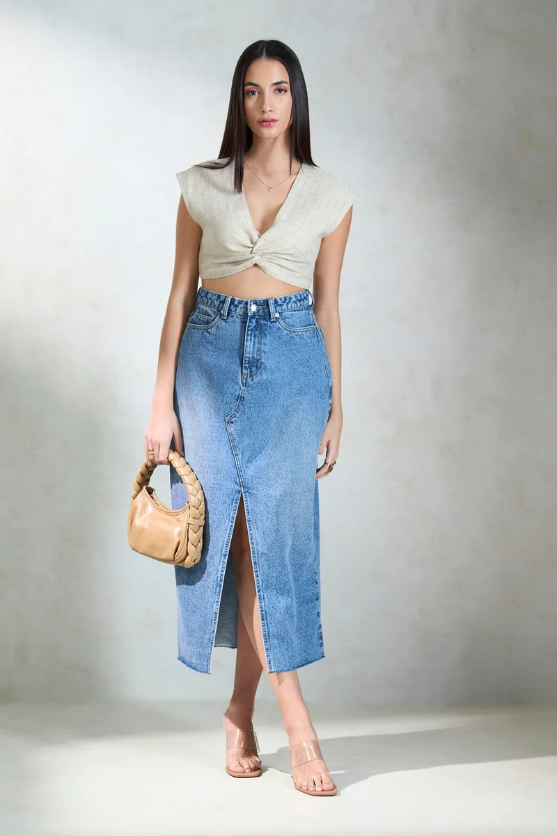 فيرجيو Linen Front Vacation Twist Crop Tops for Women