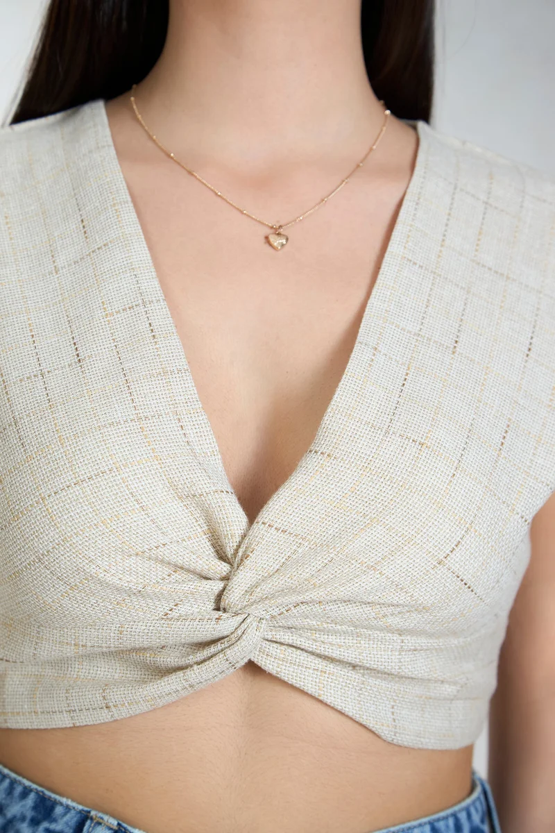 فيرجيو Linen Front Vacation Twist Crop Tops for Women