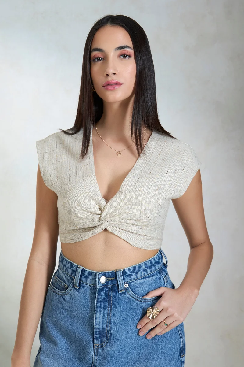 فيرجيو Linen Front Vacation Twist Crop Tops for Women
