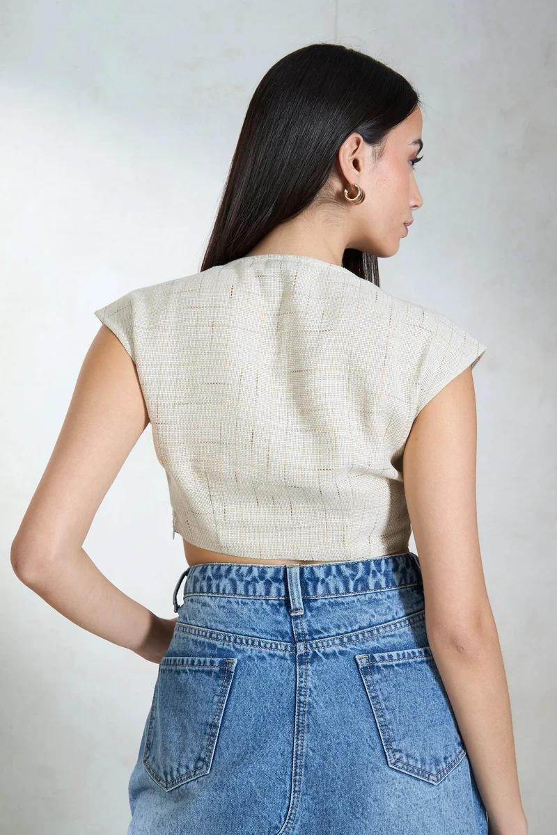 فيرجيو Linen Front Vacation Twist Crop Tops for Women