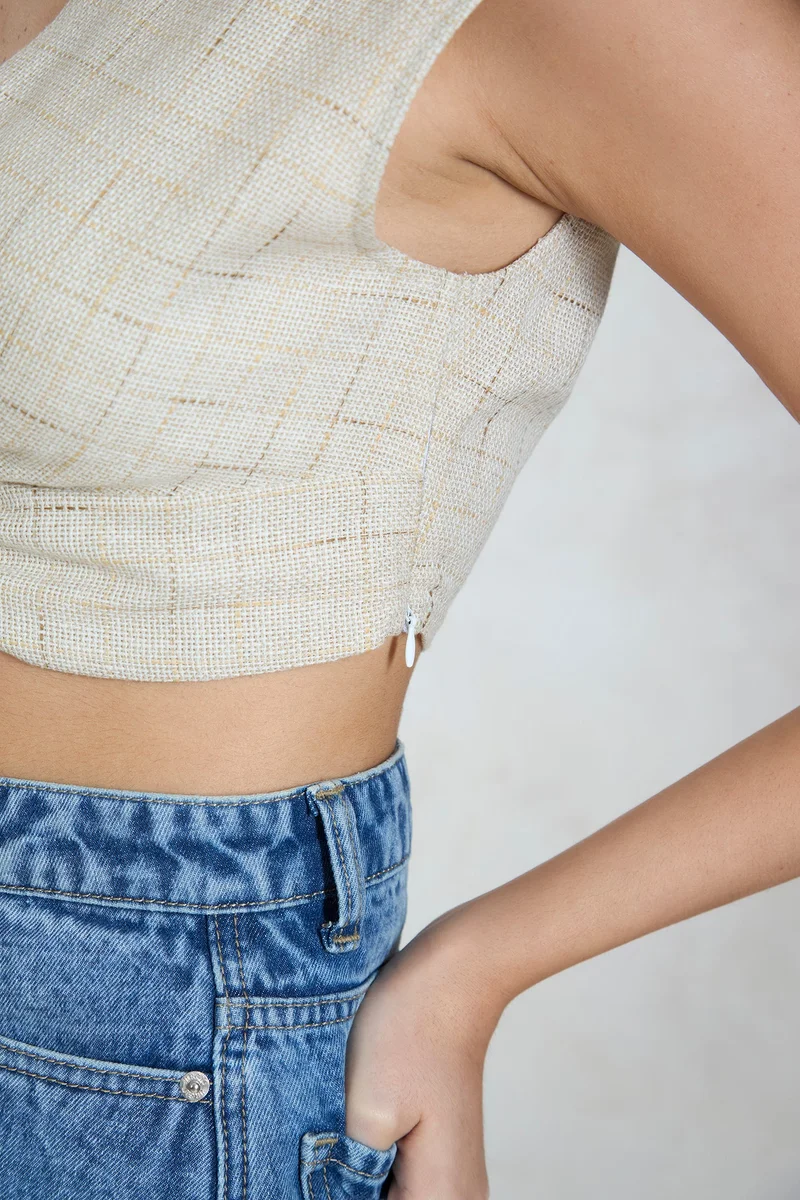 فيرجيو Linen Front Vacation Twist Crop Tops for Women