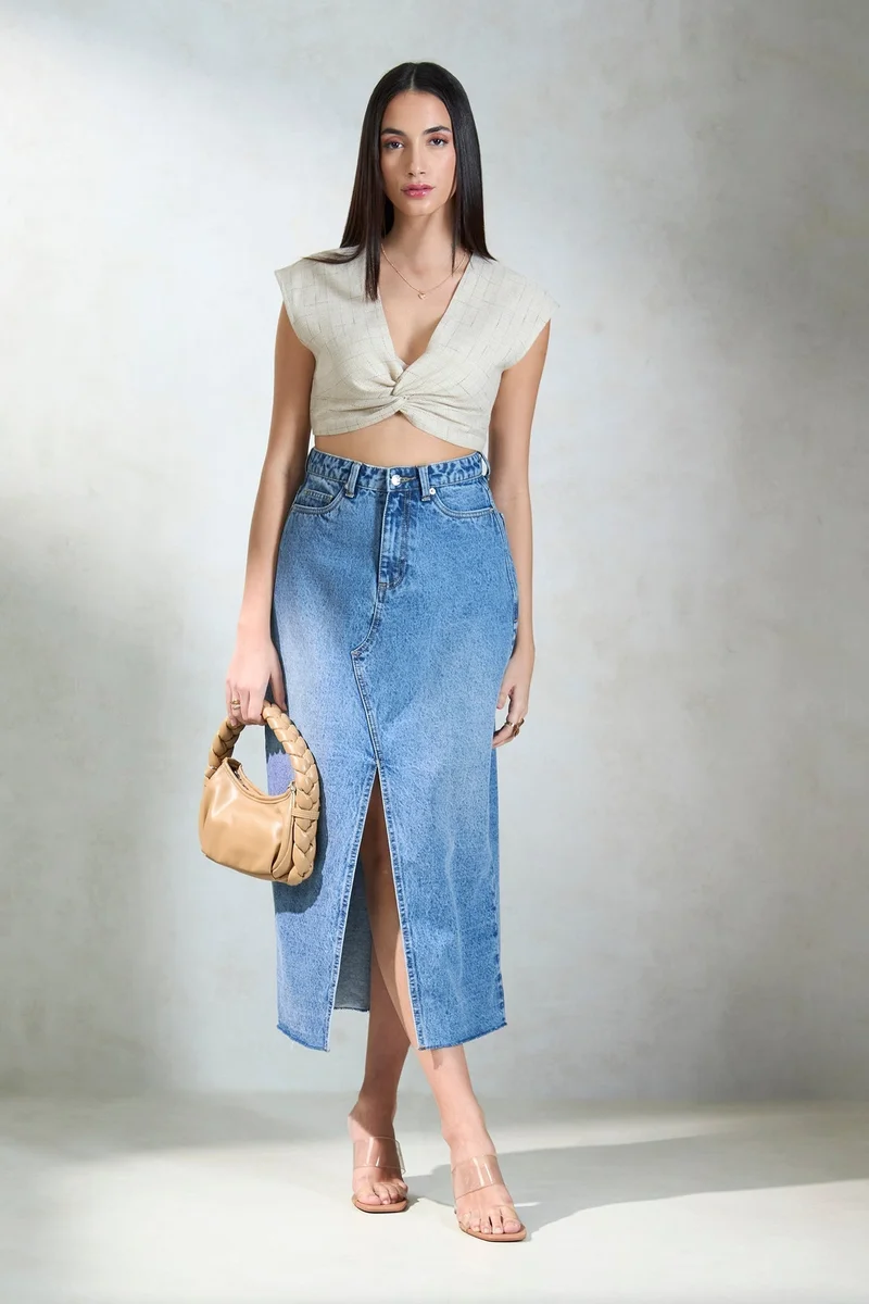 Virgio Linen Front Vacation Twist Crop Tops for Women
