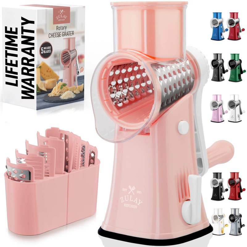 Zulay Kitchen Rotary Cheese Grater 5 Blade Cheese Shredder Manual Hand Crank Cheese Grater With Reinforced Suction 5 Interchangeable Drums Easy to Use Vegetable Chopper Round Mandoline Slicer - Image 2