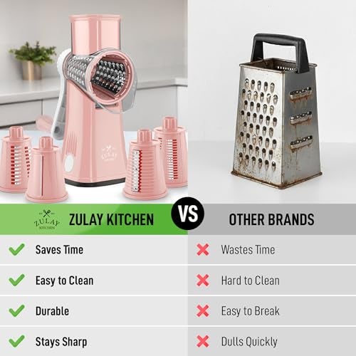 Zulay Kitchen Rotary Cheese Grater 5 Blade Cheese Shredder Manual Hand Crank Cheese Grater With Reinforced Suction 5 Interchangeable Drums Easy to Use Vegetable Chopper Round Mandoline Slicer - Image 3