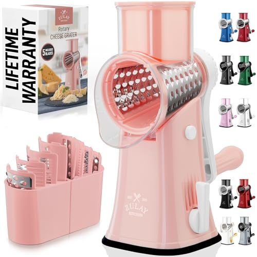 Zulay Kitchen Rotary Cheese Grater 5 Blade Cheese Shredder Manual Hand Crank Cheese Grater With Reinforced Suction 5 Interchangeable Drums Easy to Use Vegetable Chopper Round Mandoline Slicer - Image 1