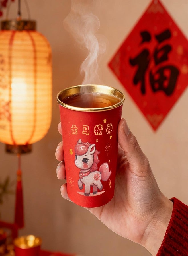 SureOBliss Chinese New Year Paper Coffee Cups,50PCS Red Disposable Coffee Cups of 2026 Horse,Lunar New Year Party Horse Thicken Tea Cups for Hot Cold Drink,Red Paper Cups for Spring Festival 2026 Tableware - Image 4