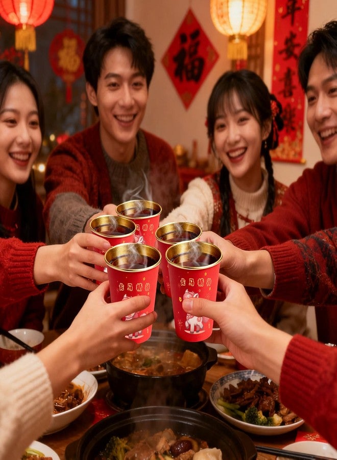 SureOBliss Chinese New Year Paper Coffee Cups,50PCS Red Disposable Coffee Cups of 2026 Horse,Lunar New Year Party Horse Thicken Tea Cups for Hot Cold Drink,Red Paper Cups for Spring Festival 2026 Tableware - Image 2