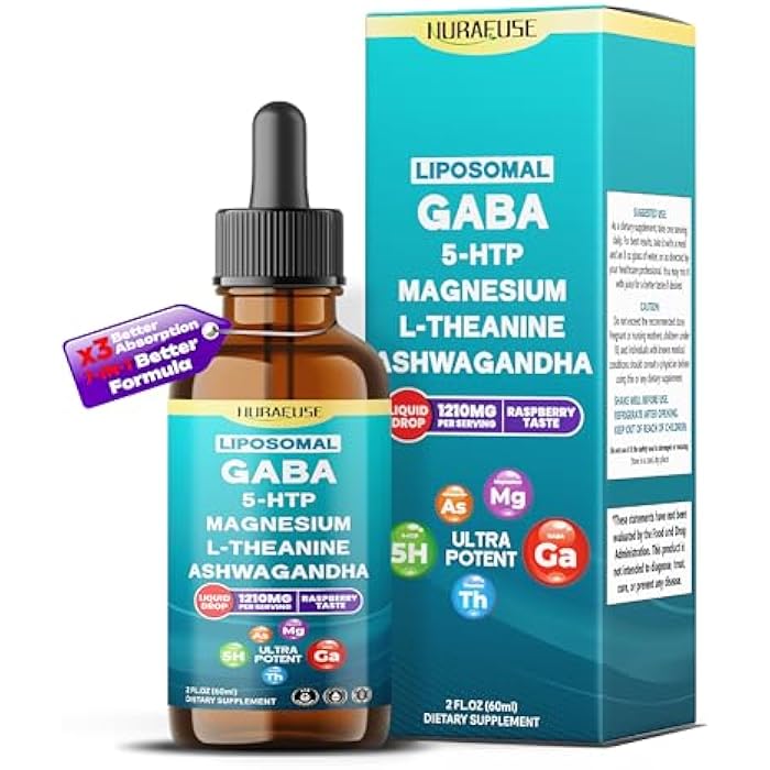 NURAFUSE Liposomal GABA, 5-HTP, Magnesium, Theanine, Ashwagandha Liquid Drops – Ultra Potent, Raspberry Taste – 2 FL OZ (60ml) - Image 1