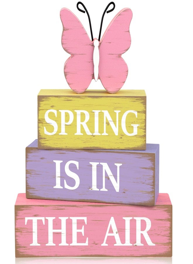 Fairooth 4 PCS Spring Butterfly Wooden Table Sign Spring is in the Air Table Block Centerpieces Rustic Farmhouse Butterfly Wood Tabletop Decorations for Party Home Office Kitchen Shelf Desk Tiered Tray Decor - Image 1