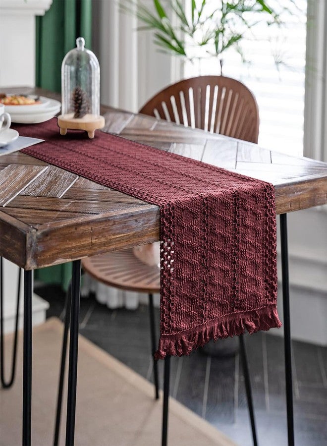 Alynsehom Macrame Table Runner Burgundy Boho Table Runners with Tassels Hand Woven Cotton Table Runner Rustic Farmhouse Table Runners for Bohemian Kitchen Dining Table(12x36in) - Image 3