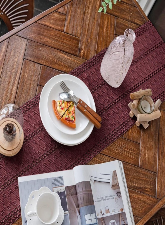 Alynsehom Macrame Table Runner Burgundy Boho Table Runners with Tassels Hand Woven Cotton Table Runner Rustic Farmhouse Table Runners for Bohemian Kitchen Dining Table(12x36in) - Image 2