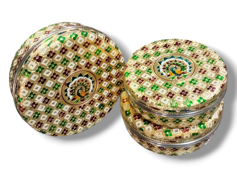 CRAFTS WORLD Meenakari Container Peacock Design Round Dabba Chapati Box Golden Meenakari Storage Box Marriage Return GiftGold75 x 75 x 27 Inch All Size - Image 2