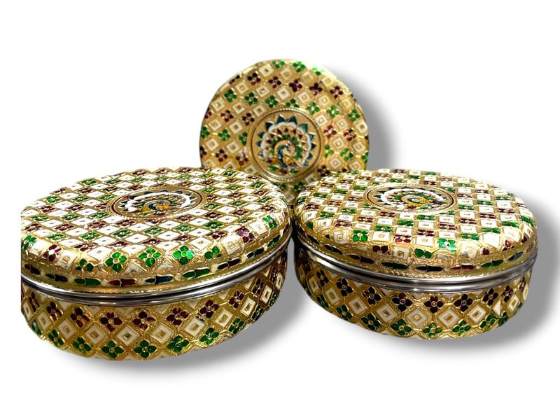 CRAFTS WORLD Meenakari Container Peacock Design Round Dabba Chapati Box Golden Meenakari Storage Box Marriage Return GiftGold75 x 75 x 27 Inch All Size - Image 5