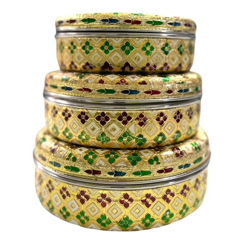 CRAFTS WORLD Meenakari Container Peacock Design Round Dabba Chapati Box Golden Meenakari Storage Box Marriage Return GiftGold75 x 75 x 27 Inch All Size - Image 4