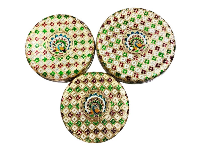 CRAFTS WORLD Meenakari Container Peacock Design Round Dabba Chapati Box Golden Meenakari Storage Box Marriage Return GiftGold75 x 75 x 27 Inch All Size - Image 3