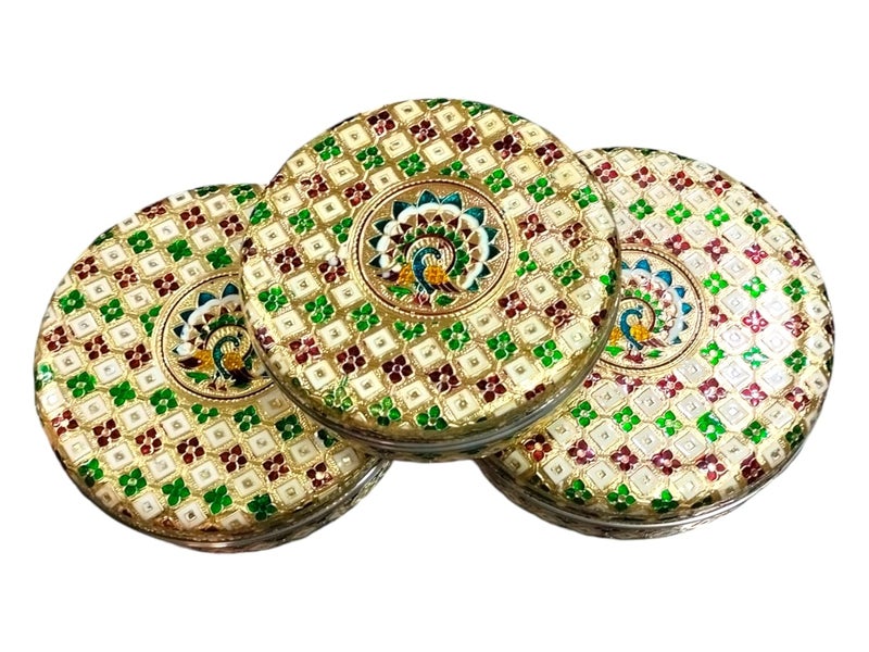 CRAFTS WORLD Meenakari Container Peacock Design Round Dabba Chapati Box Golden Meenakari Storage Box Marriage Return GiftGold75 x 75 x 27 Inch All Size - Image 1