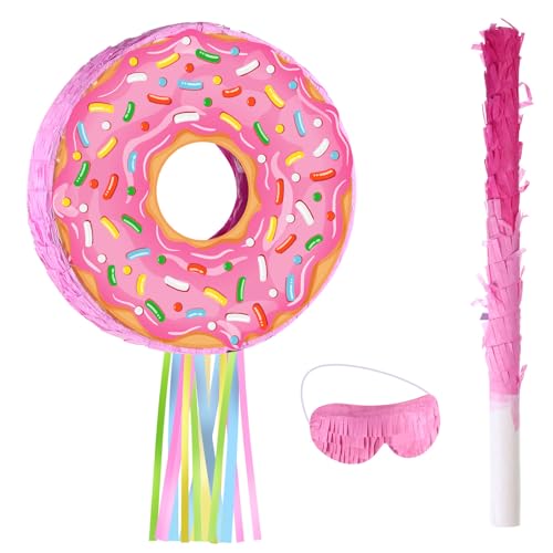 Suilung Pink Donut Piata with String Bat and Blindfold Multicolor Colorful Small Piata for Reveal Shower Donut Grow up Theme Party Birthday Anniversary Party 126 x 126 x 315 Inch - Image 1