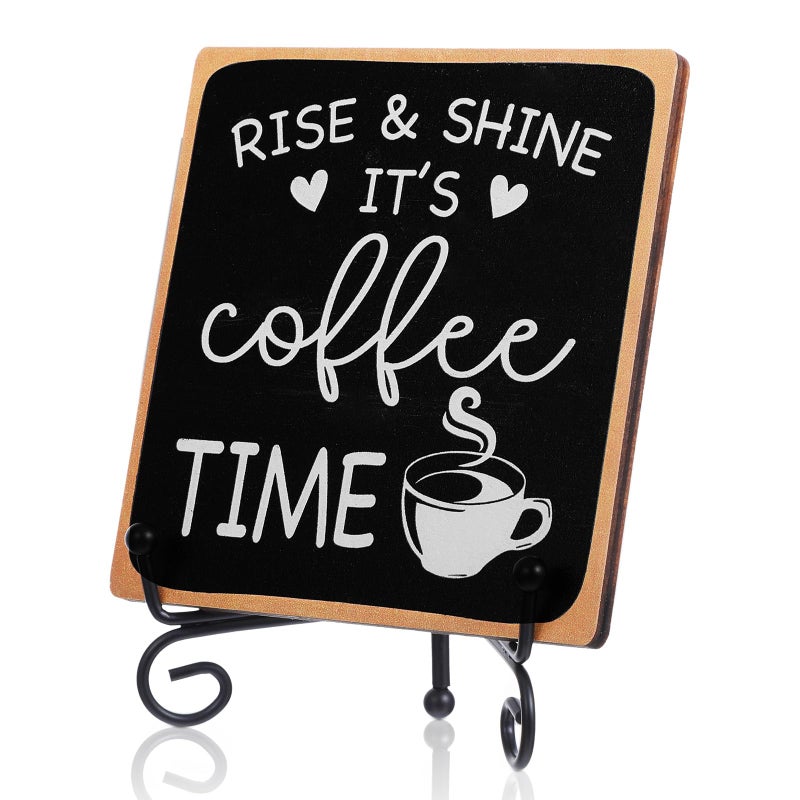 YBEATY Wooden Coffee Sign Rise & Shine It's Coffee Time Decor Funny Bar Accessories Decorations Supplies Farmhouse Wood Plaque with Stand for Women Men Home Office Kitchen Tabletop Shelf - Image 1