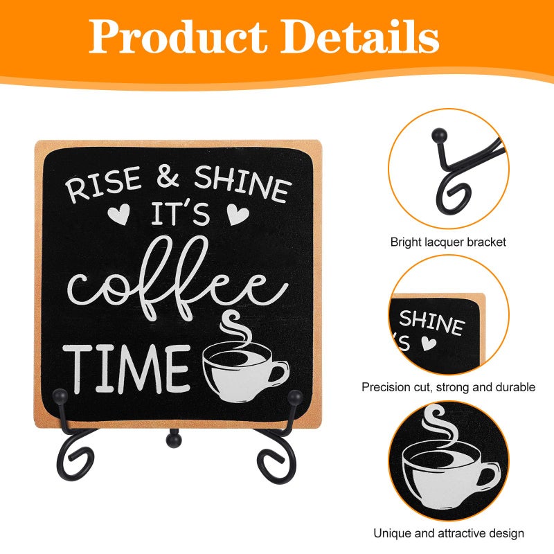 YBEATY Wooden Coffee Sign Rise & Shine It's Coffee Time Decor Funny Bar Accessories Decorations Supplies Farmhouse Wood Plaque with Stand for Women Men Home Office Kitchen Tabletop Shelf - Image 3
