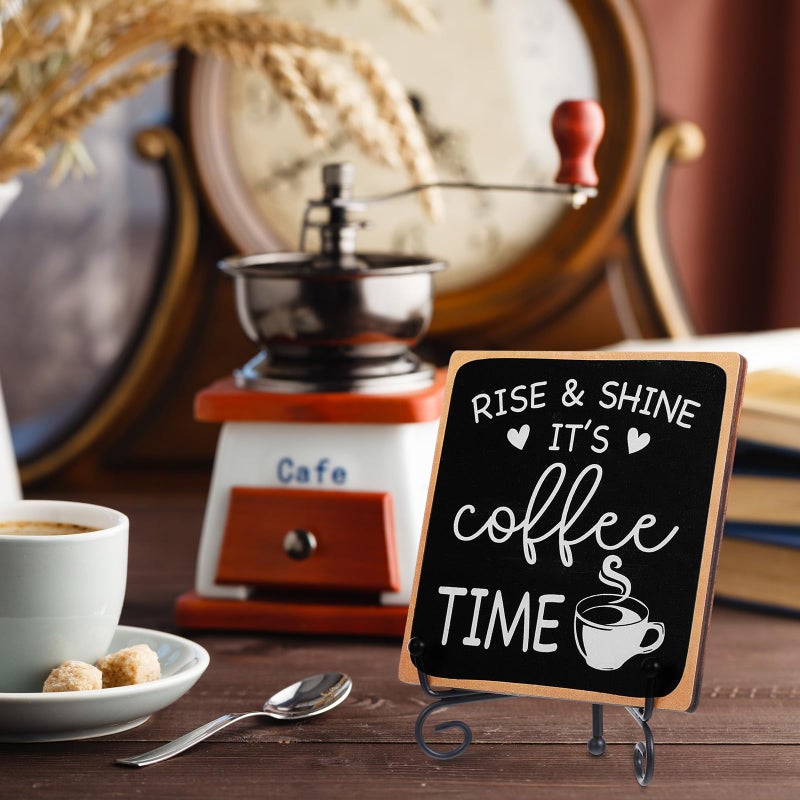 YBEATY Wooden Coffee Sign Rise & Shine It's Coffee Time Decor Funny Bar Accessories Decorations Supplies Farmhouse Wood Plaque with Stand for Women Men Home Office Kitchen Tabletop Shelf - Image 4