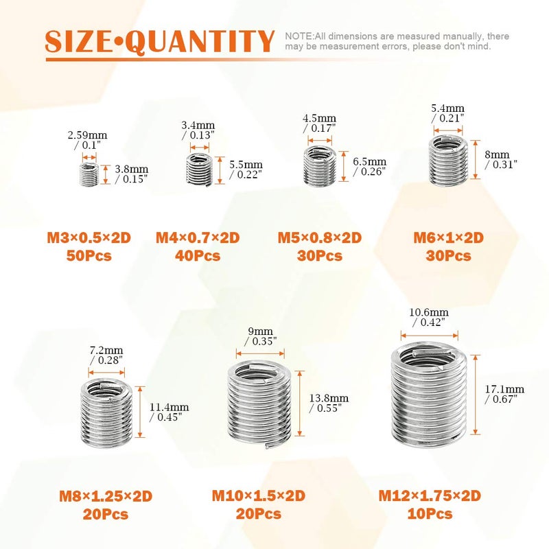 Rustark 200 Pcs Wire Thread Inserts kit 304 Stainless Steel Metric M3 M4 M5 M6 M8 M10 M12 Helicoil Kit Wire Screw Sleeve Thread Repair Kit - Image 2
