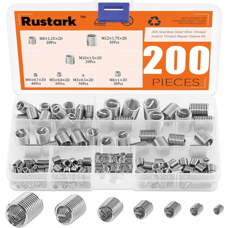 Rustark 200 Pcs Wire Thread Inserts kit 304 Stainless Steel Metric M3 M4 M5 M6 M8 M10 M12 Helicoil Kit Wire Screw Sleeve Thread Repair Kit - Image 1