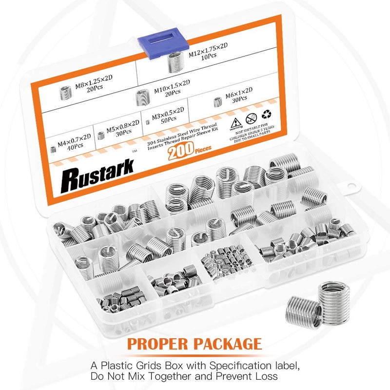 Rustark 200 Pcs Wire Thread Inserts kit 304 Stainless Steel Metric M3 M4 M5 M6 M8 M10 M12 Helicoil Kit Wire Screw Sleeve Thread Repair Kit - Image 4