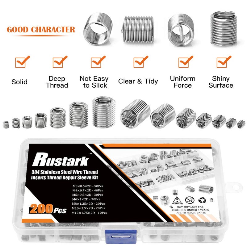 Rustark 200 Pcs Wire Thread Inserts kit 304 Stainless Steel Metric M3 M4 M5 M6 M8 M10 M12 Helicoil Kit Wire Screw Sleeve Thread Repair Kit - Image 5