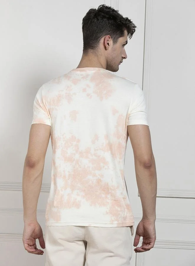 Dennis Lingo Men's Peach 100% Cotton Tie And Dye Regular Fit T-Shirt