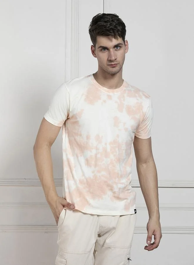 Dennis Lingo Men's Peach 100% Cotton Tie And Dye Regular Fit T-Shirt