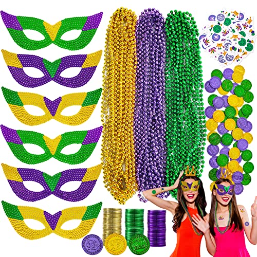 MGparty 168 PCS Mardi Gras Accessories Masks Beads Necklaces Coins Tattoos Carnival Parade Masquerade Party Decorations Supplies - Image 1