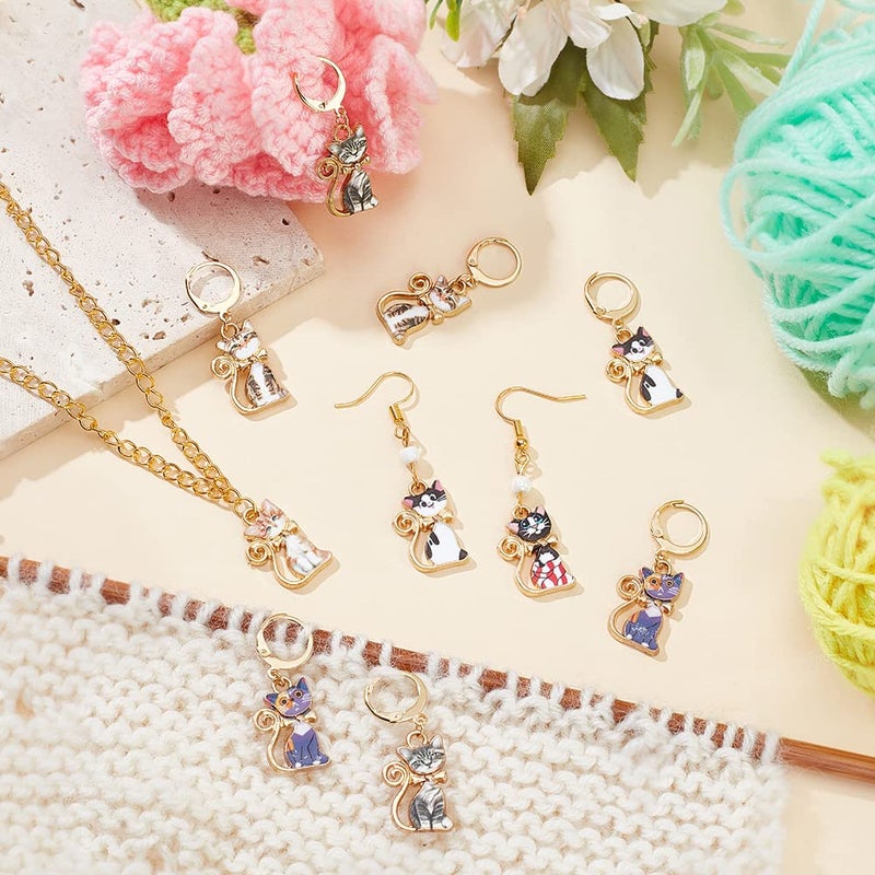 NBEADS 28 Pcs Cat Charm Stitch Markers, 7 Styles Alloy Enamel Cute Cat Crochet Charms Removable Locking Stitch Marker with 304 Stainless Steel Clasp for Sewing Accessories Quilting Jewelry - Image 5