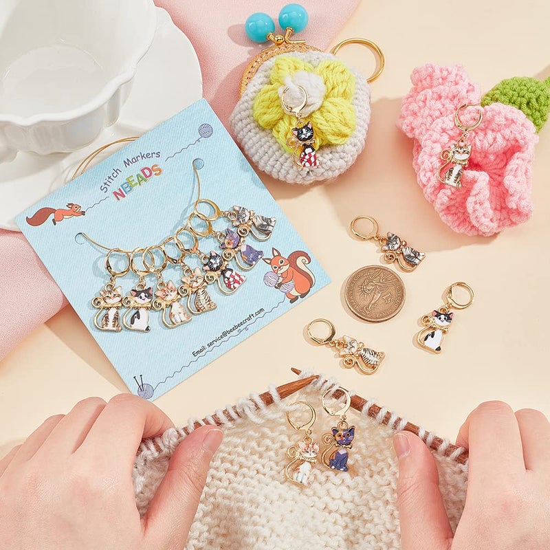 NBEADS 28 Pcs Cat Charm Stitch Markers, 7 Styles Alloy Enamel Cute Cat Crochet Charms Removable Locking Stitch Marker with 304 Stainless Steel Clasp for Sewing Accessories Quilting Jewelry - Image 4
