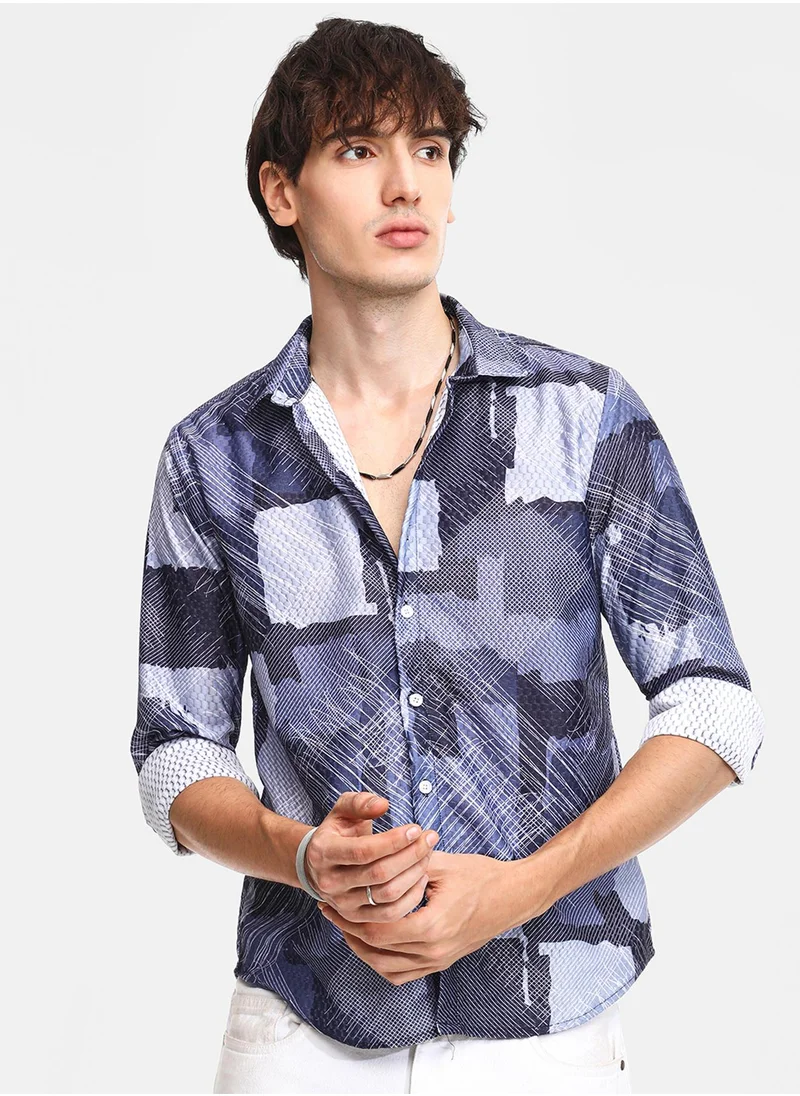 Campus Sutra Men's Navy Blue Abstract Block Shirt