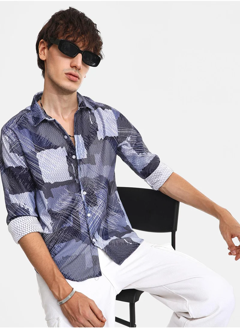 Campus Sutra Men's Navy Blue Abstract Block Shirt