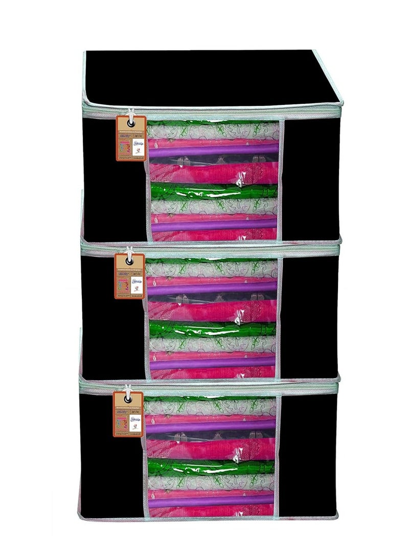 atorakushon® Fabric Black Garment Storage Bags Wardrobe Organizer for Clothes Storage Box Saree Cover Pack of 3 - Image 1