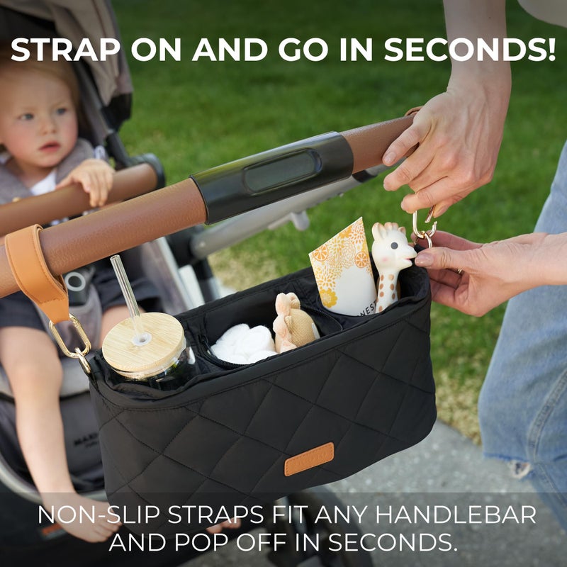 ZICOTO Beautiful Stroller Caddy Organizer With 2 Cup Holders â€“ Luxury Stroller Bag, Universal Fit, Leather Straps & Zipper Pocket â€“ Spacious Accessories Perfectly Fits Doona, Nuna & Uppababy Strollers - Image 3
