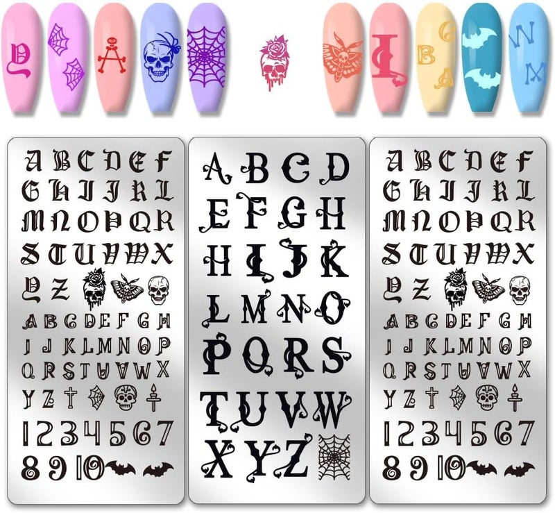 PH PandaHall 3pcs Letter Nail Stamping Plates Font Letters Number Nails Image Plates Gothic Style Skull Manicure Art Templates Alphabet Nail Art Stencils for Women Manicures DIY Design Printing