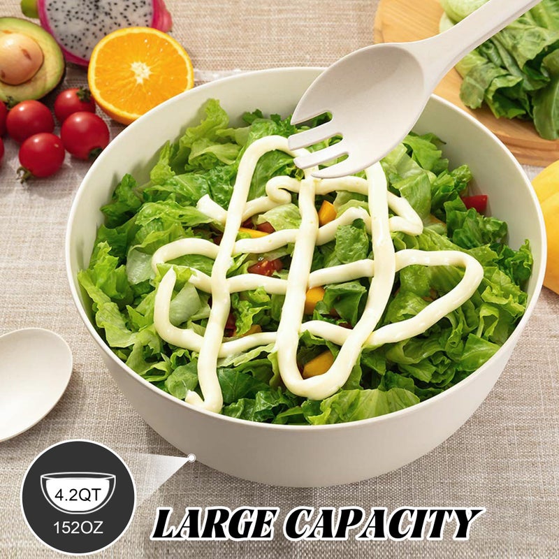 GEHE Bamboo Salad Bowl with Servers Set - Large 9.8 inches mixing bowls Solid Bamboo Salad Wooden Bowl with Lid Spoon for Fruits,Salads and Decoration (White, 9.8INCH) - Image 2