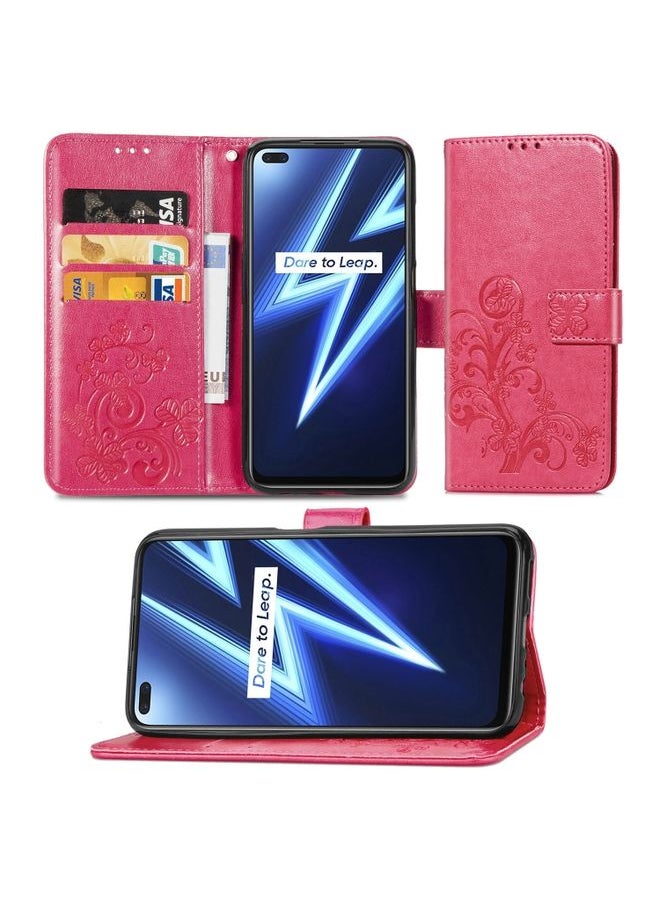 HuHa Case Cover For Realme 6 Pro Four-leaf Clasp Embossed Buckle Mobile Phone Protection Leather Case with Lanyard & Card Slot & Wallet & Bracket Function Magenta 