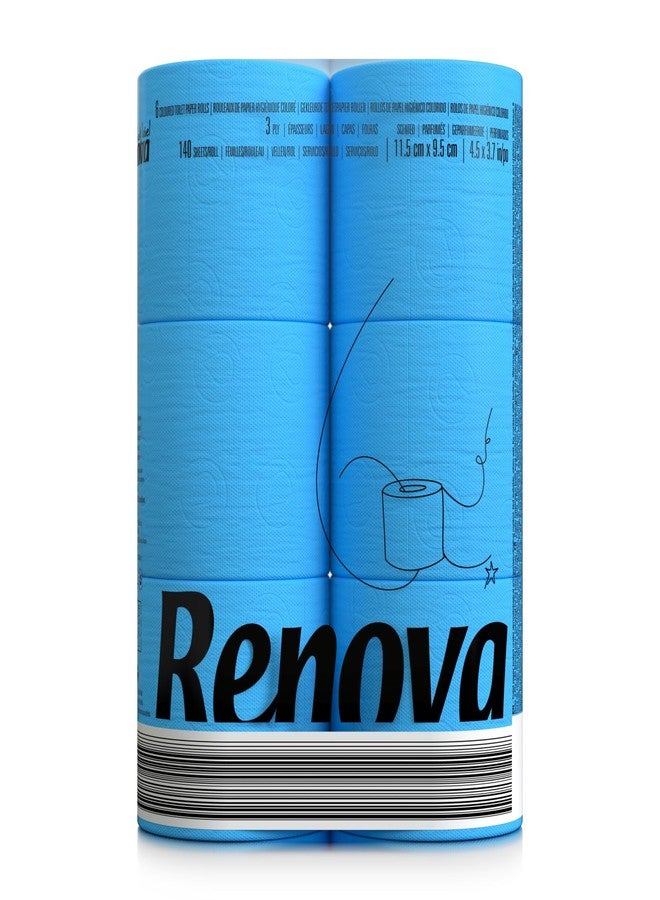 Renova Blue Toilet Paper 3-Ply - Pack of 6 Compact Rolls - 140 Sheets - Eco-Label Certified, Dermatologically Tested, Septic Safe, Sustainable & Soft - Image 1