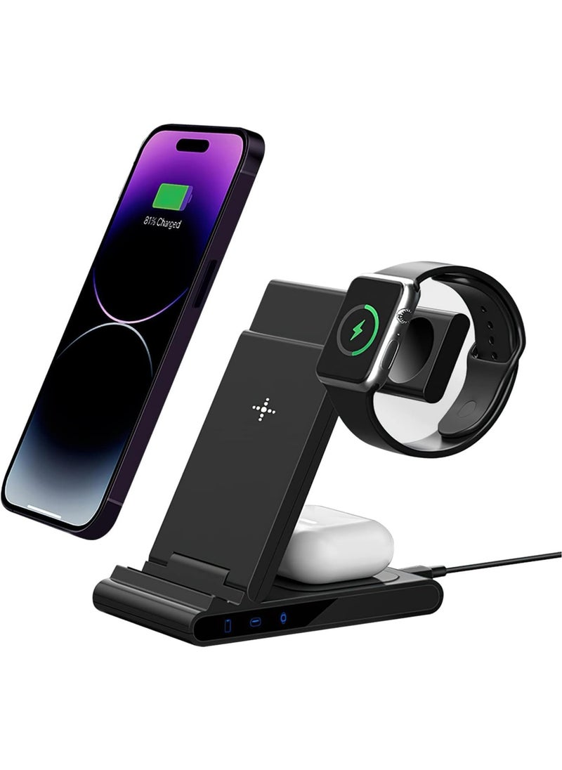 MiOne - 3 in 1 Foldable 15W Wireless Fast Charging Station Black - Image 1
