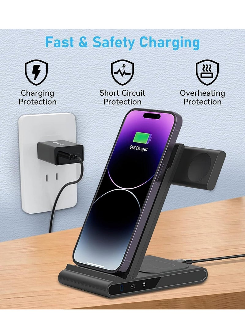 MiOne - 3 in 1 Foldable 15W Wireless Fast Charging Station Black - Image 1