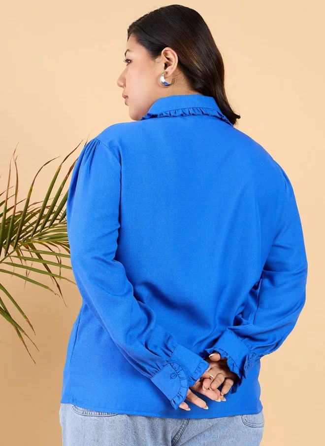 CURVY STREET Blue Casual Frilled Shirt for Women