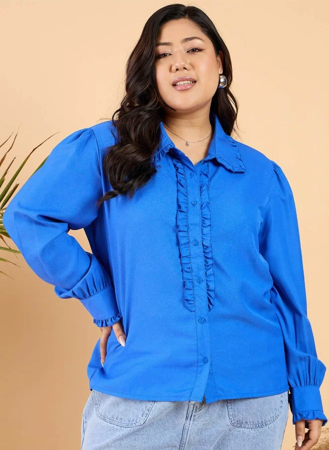 CURVY STREET Blue Casual Frilled Shirt for Women