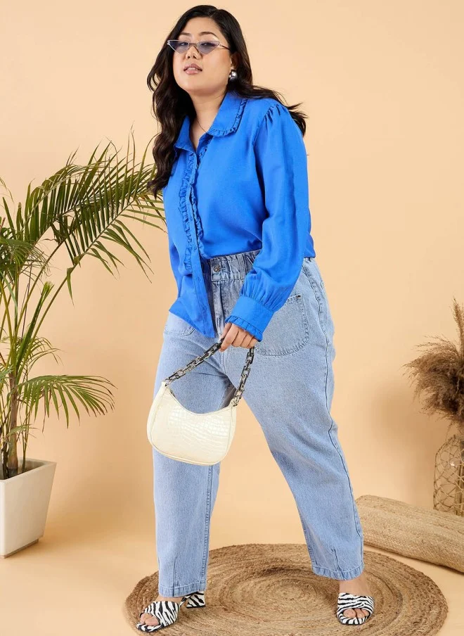 CURVY STREET Blue Casual Frilled Shirt for Women