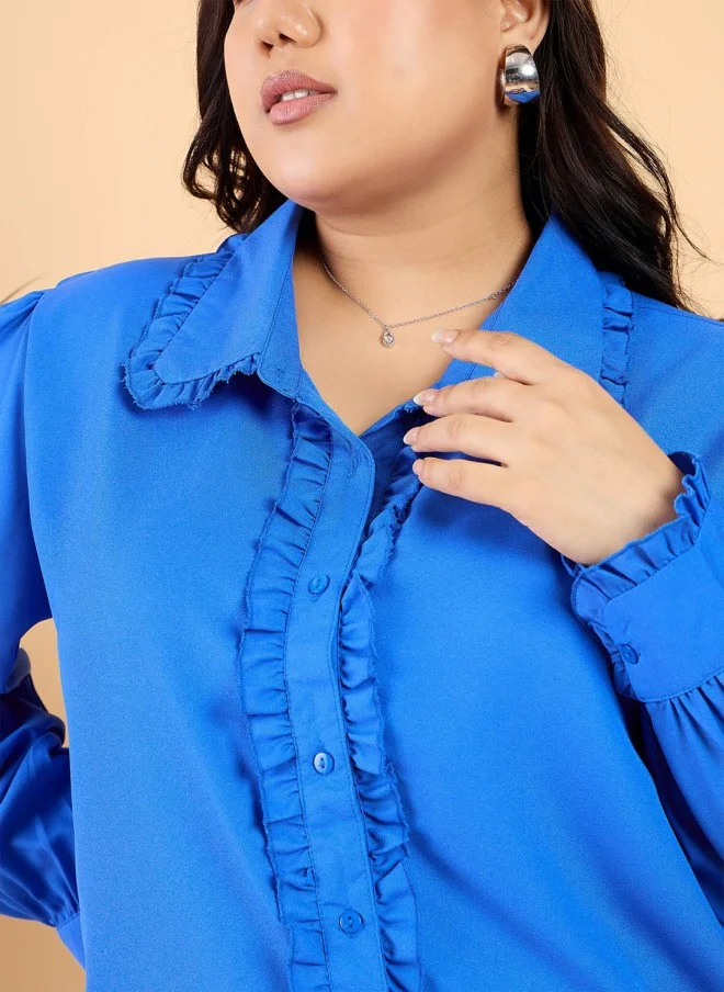CURVY STREET Blue Casual Frilled Shirt for Women