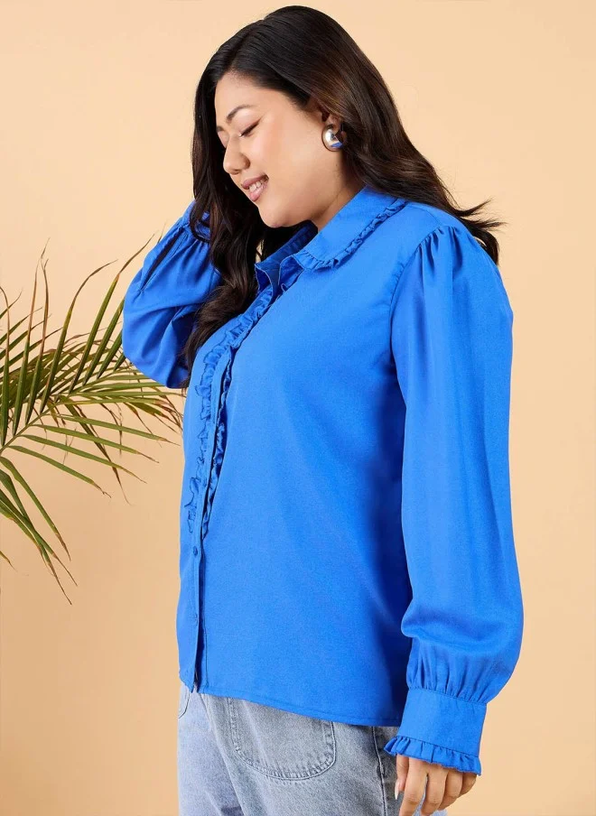 CURVY STREET Blue Casual Frilled Shirt for Women
