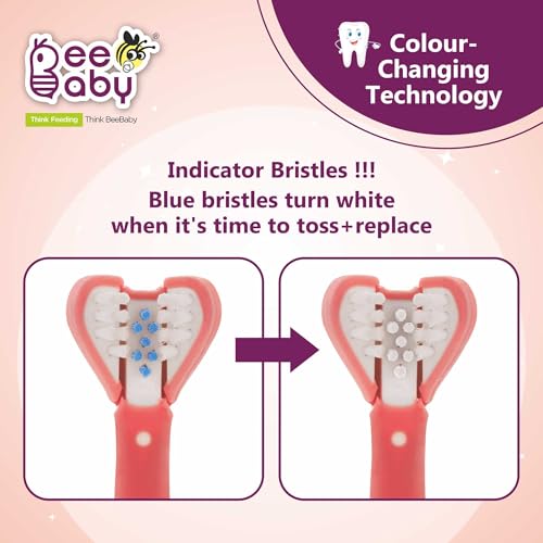 BeeBaby Triple Angle Brush Buddy Toothbrush for Kids 3-6 Years. Suction Cup, 3 Side Super Soft Time to Change Indicator Bristles Ideal for Milk & Permanent Teeth. 100% BPA Free. Pink - Image 2